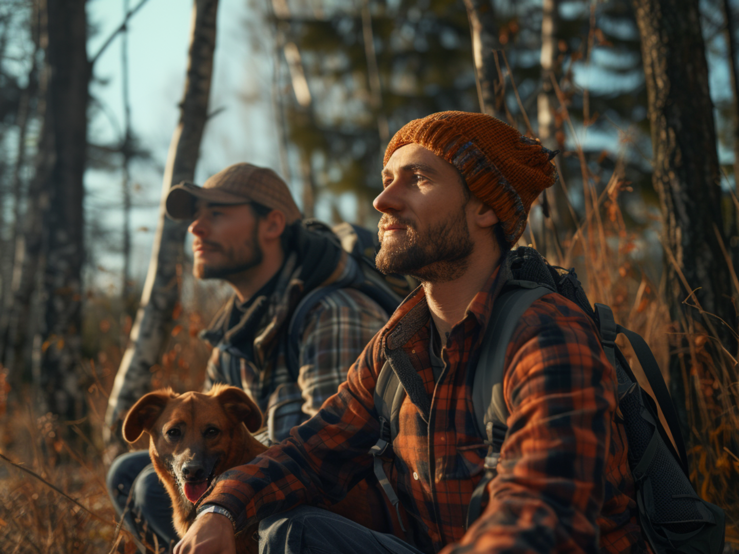 Gothaer Jagdversicherung: Zwei Jäger sitzen in einem Wald und schauen in die Ferne. Daneben sitzt ein Hund.